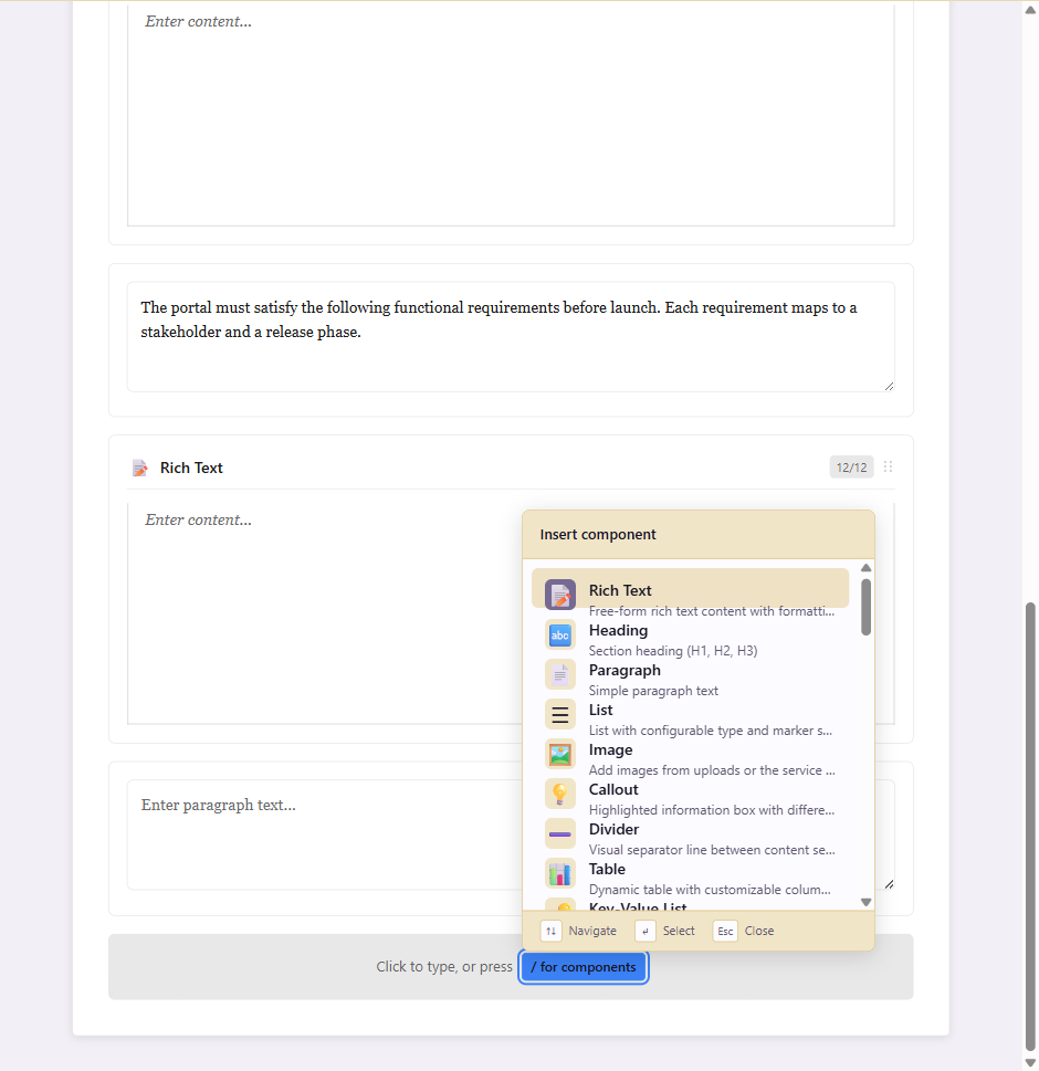 Slash command picker open at the bottom of the canvas