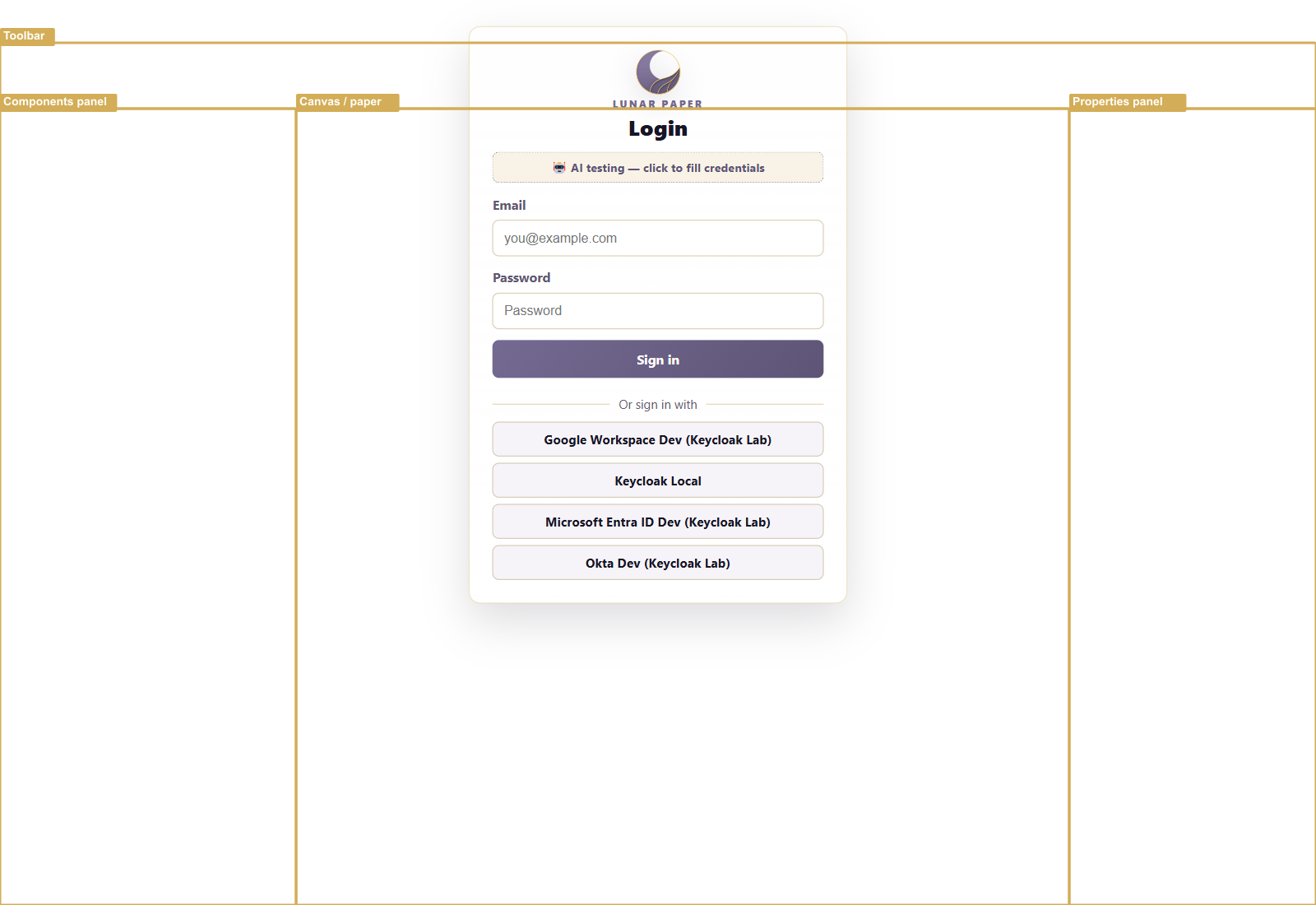 The Document Builder editor with the components panel, canvas, and properties panel visible