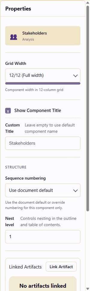 Properties panel for a Stakeholders component
