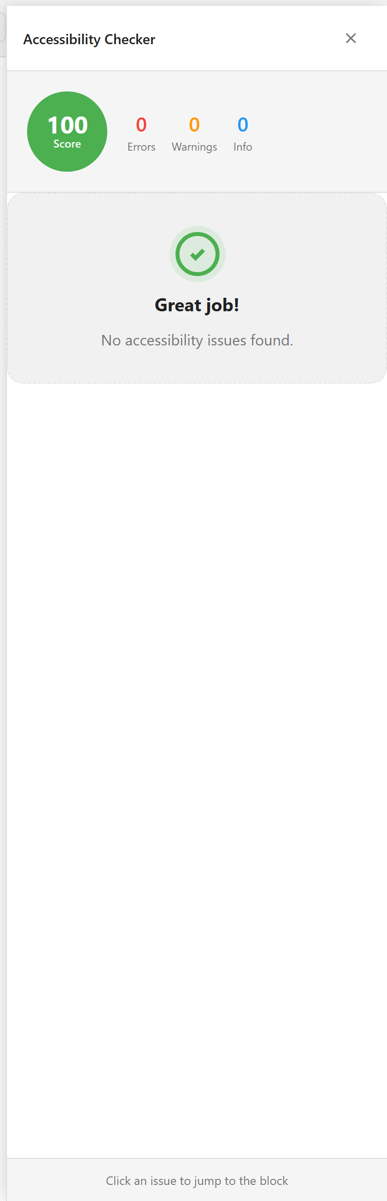 The accessibility checker showing a score out of 100 with counts of errors, warnings, and information notices