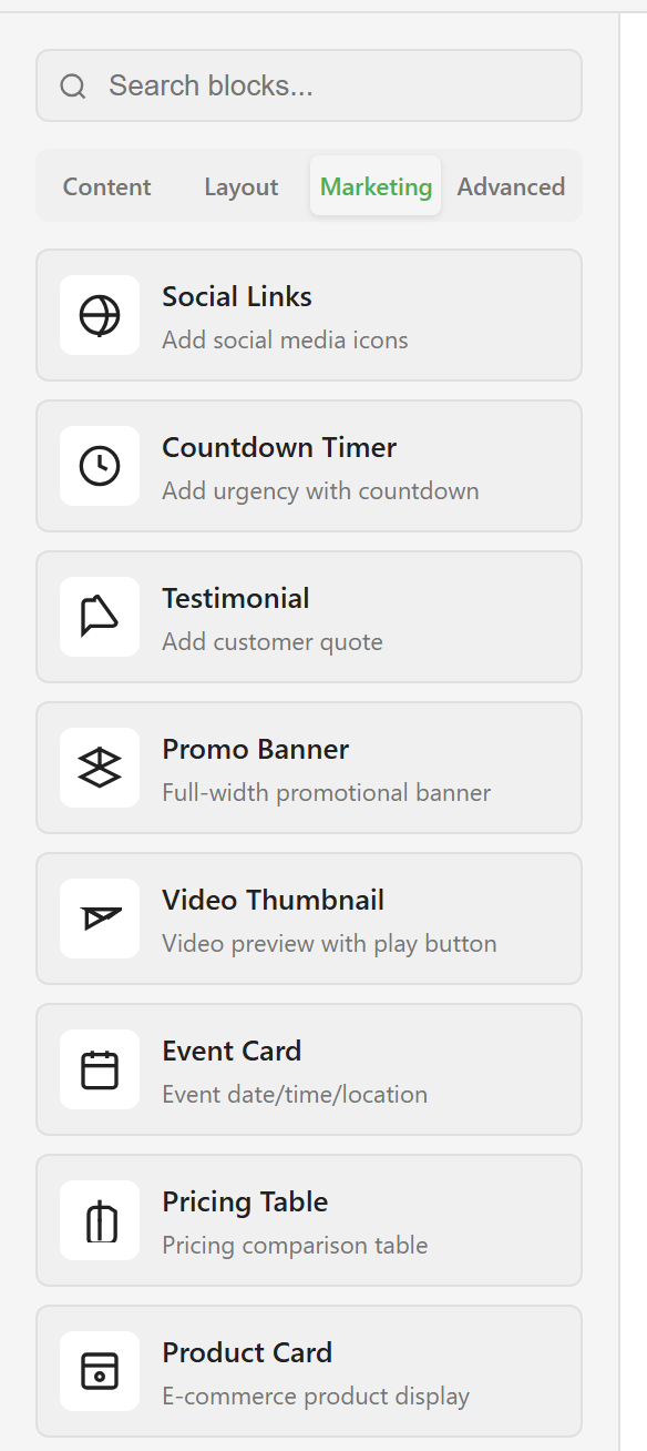 The Marketing tab of the block library
