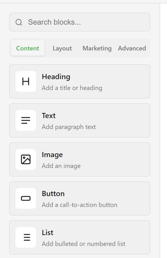 The block library showing the Content tab with Heading, Text, Image, Button, and List