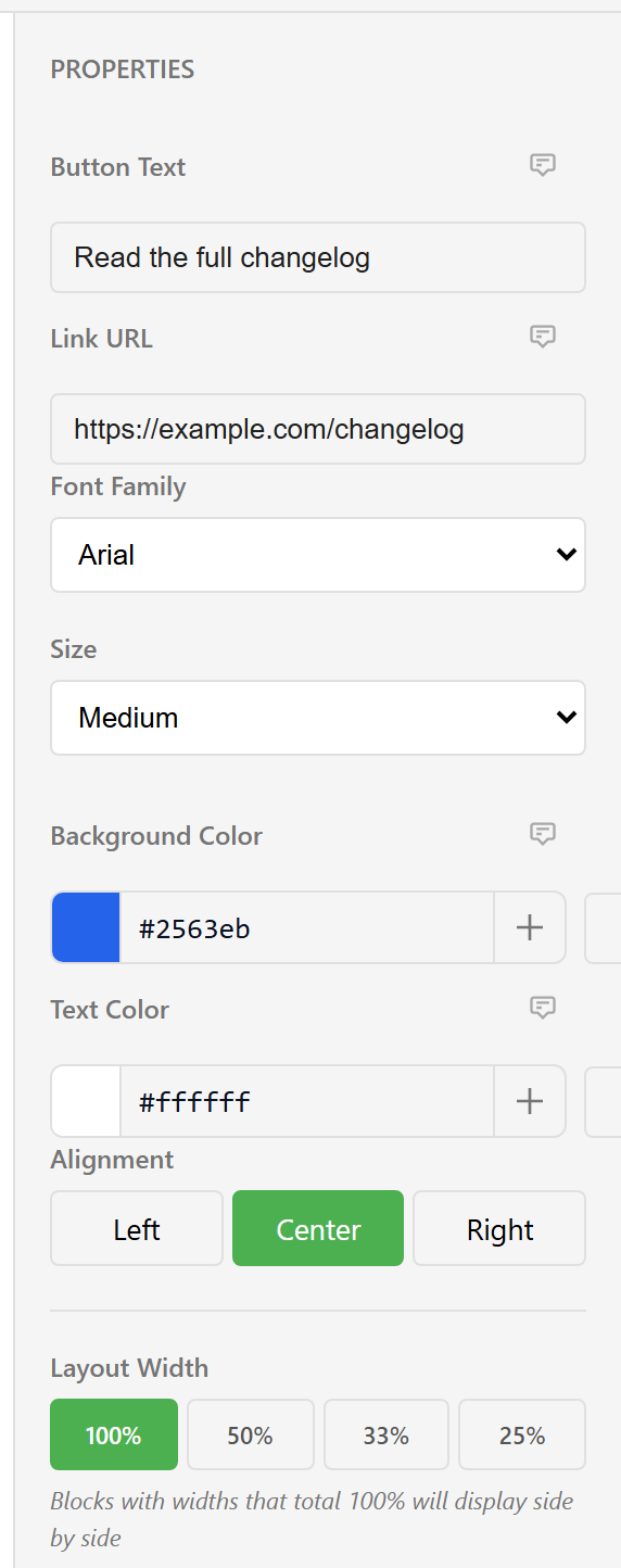 The properties panel for a button showing text, link, font, size, colours, alignment, and layout width