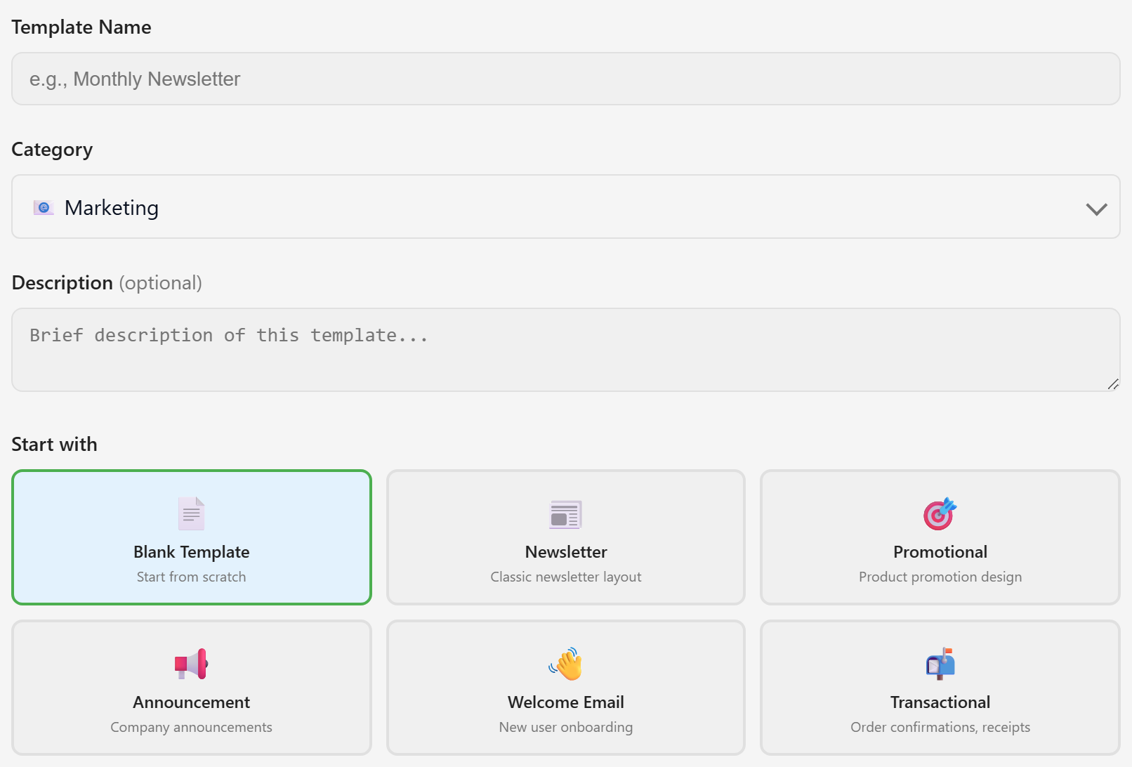 The Create Email dialog with a name field, a category dropdown, a description field, and six starting layouts