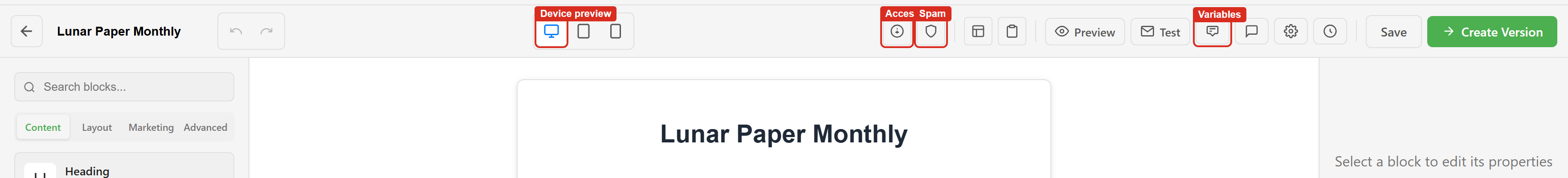 The editor toolbar with the device preview, accessibility, spam, and variables controls marked