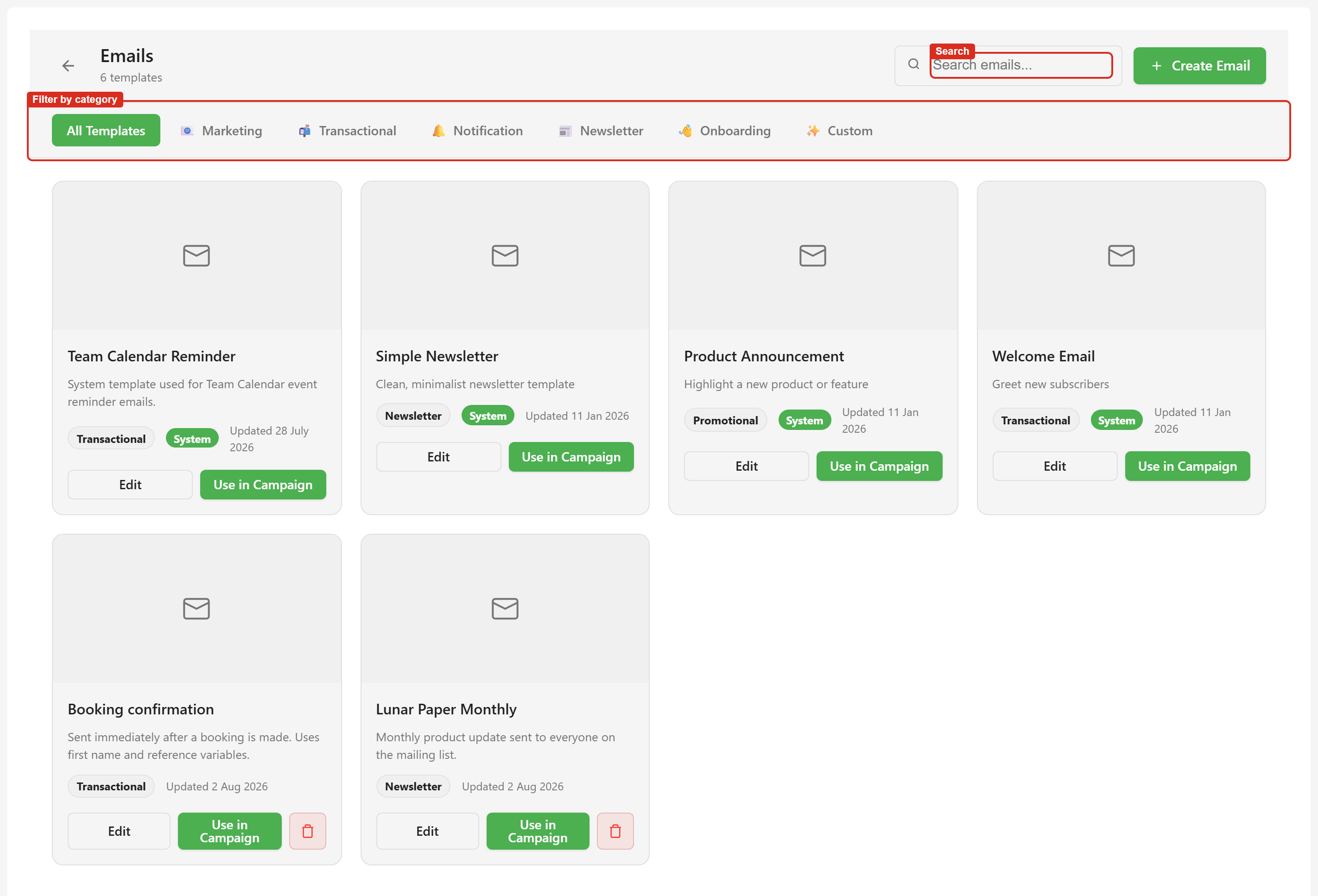 The Emails module showing six template cards, with the search box and category filter row marked