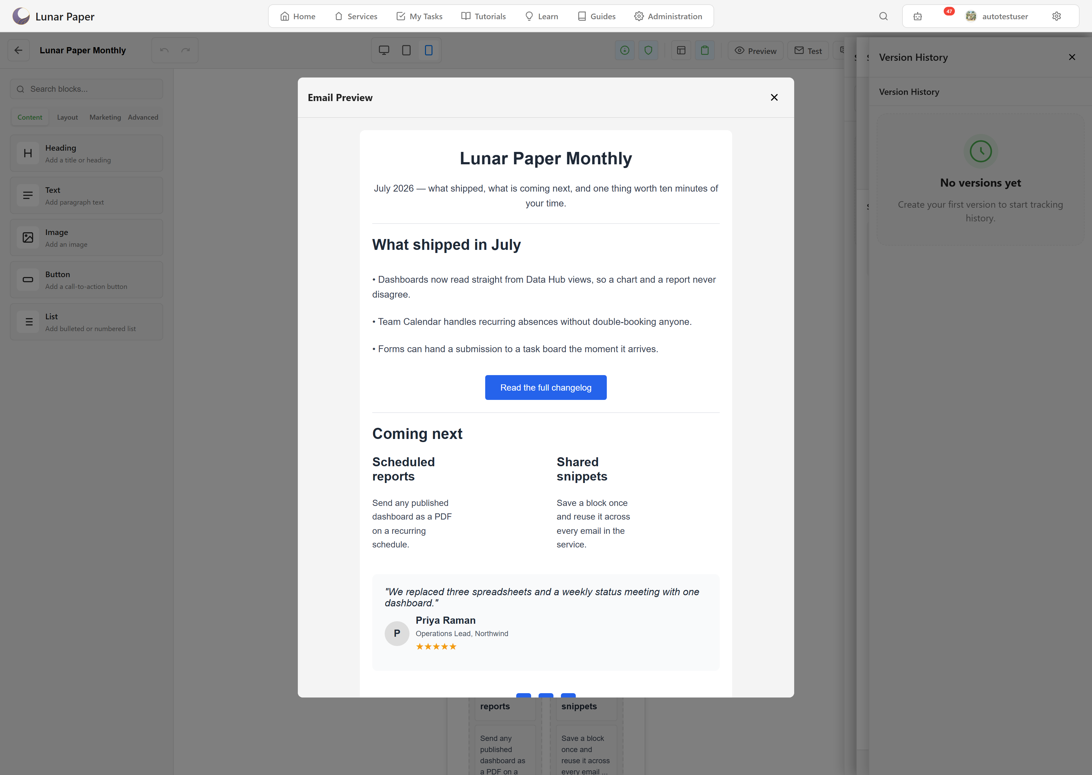 The editor with the canvas narrowed to the mobile width