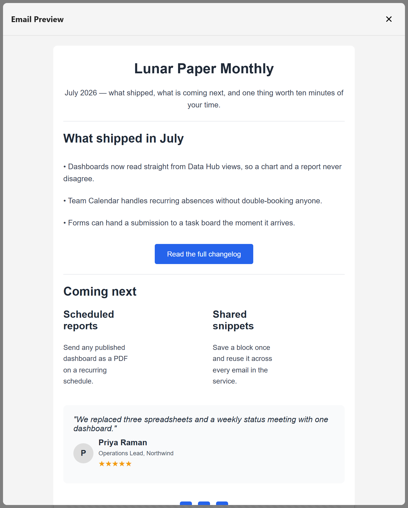 The preview showing the finished email without the editor around it