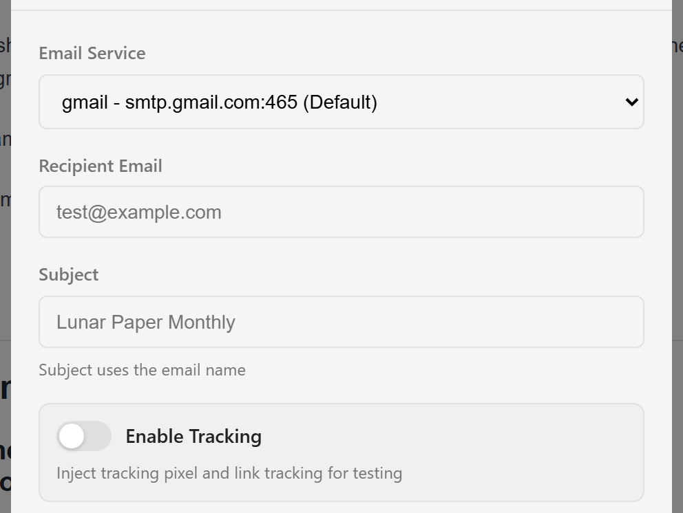The send test drawer with email service, recipient, subject, and a tracking toggle