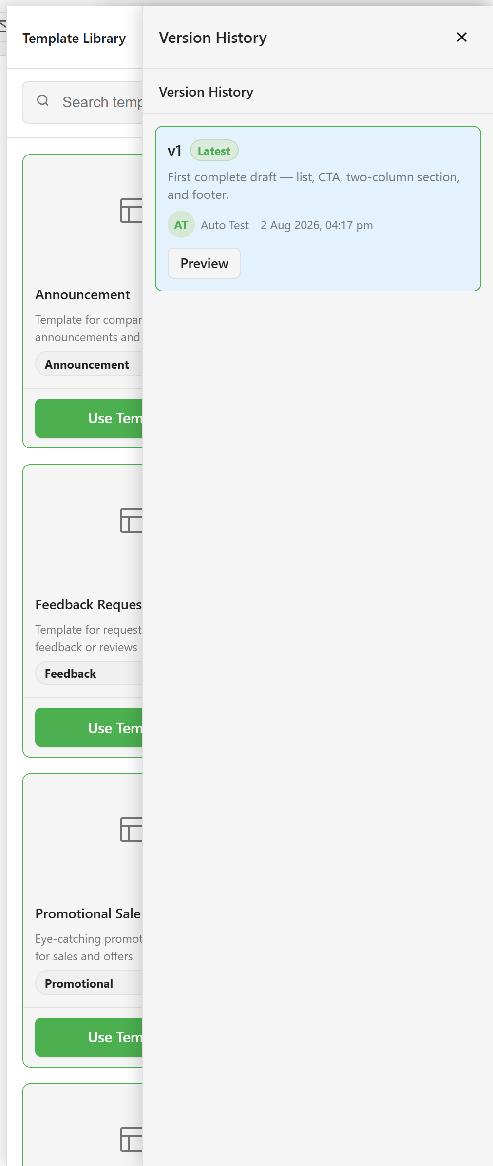 The template library showing system templates with categories and Use Template buttons