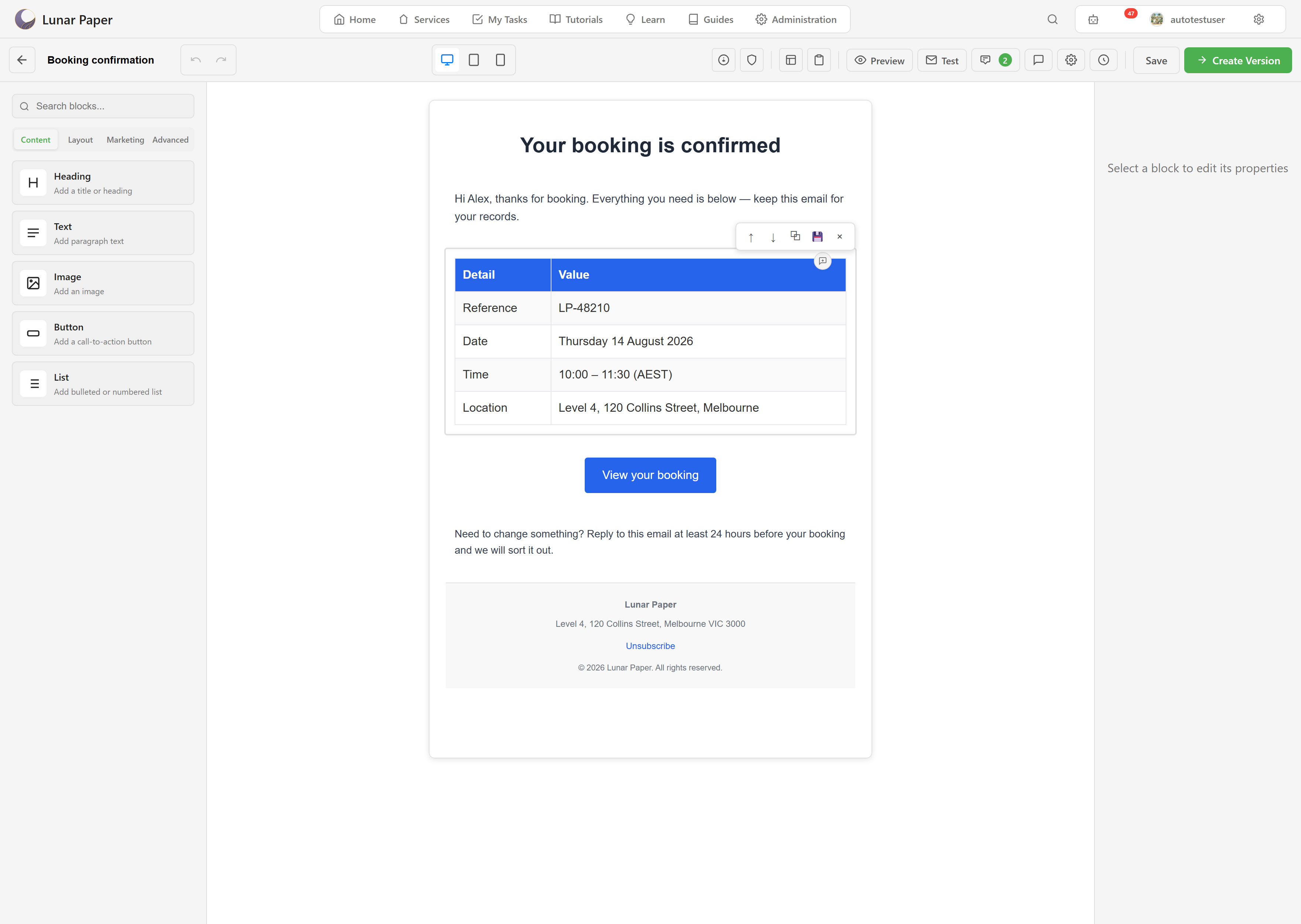 The Booking confirmation email showing a details table with variable tokens