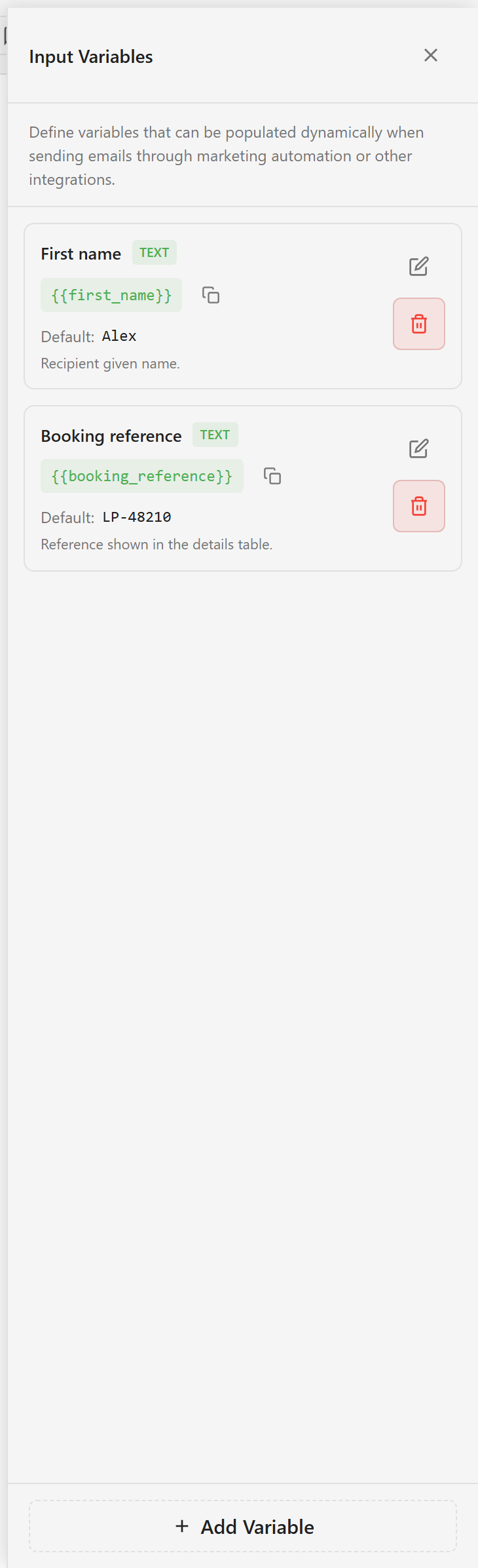 The Input Variables panel showing two variables with their tokens, types, defaults, and descriptions