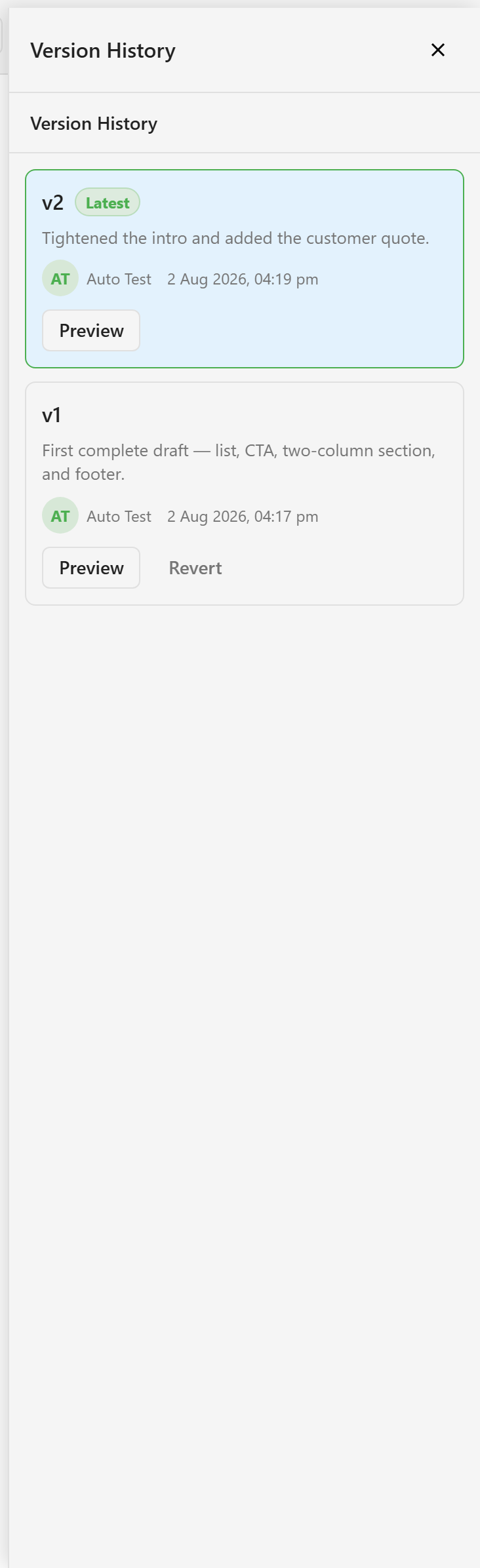 The version history panel showing two versions with comments, authors, timestamps, and their buttons