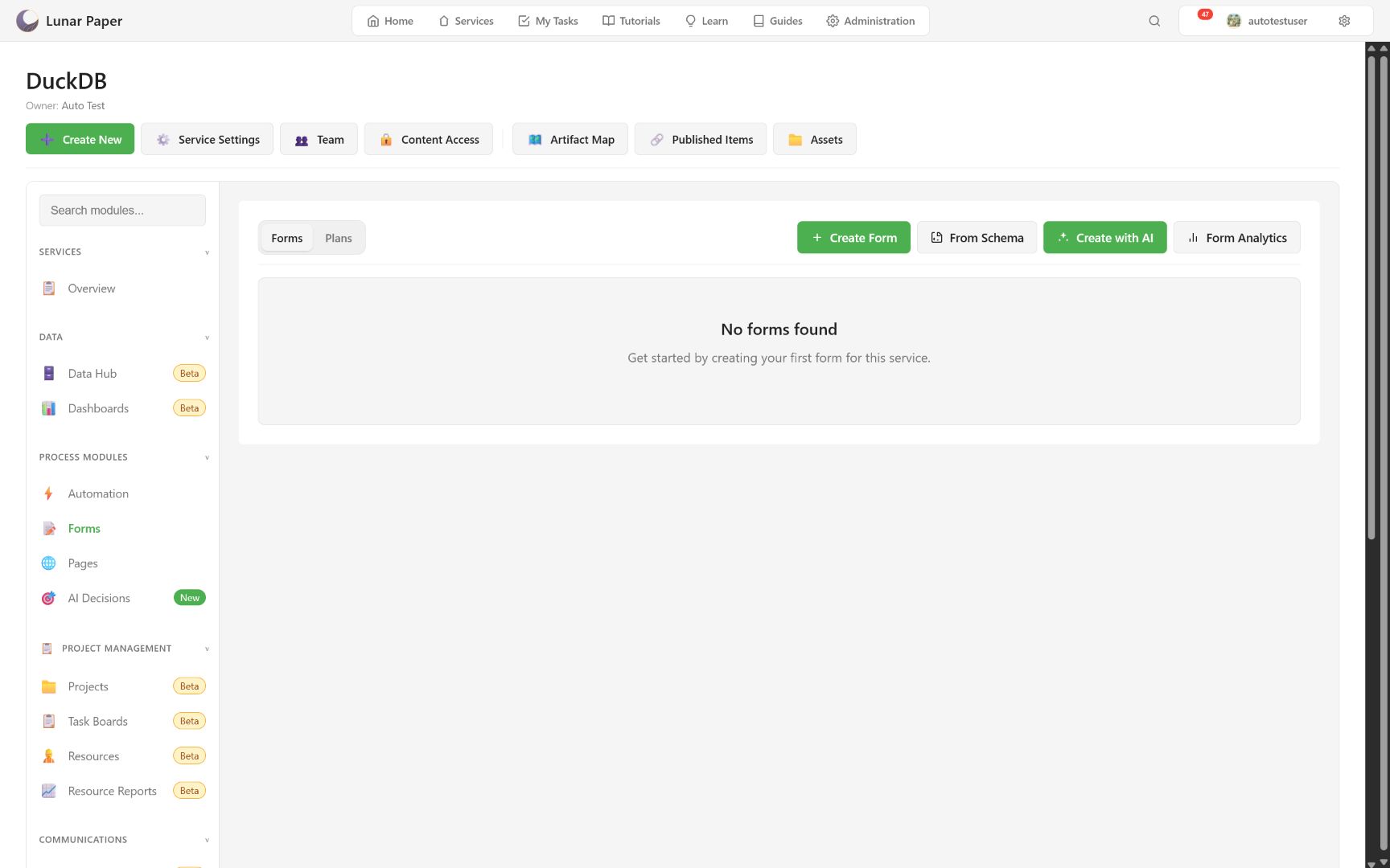 Forms empty state with Create Form, From Schema, Create with AI, and Analytics