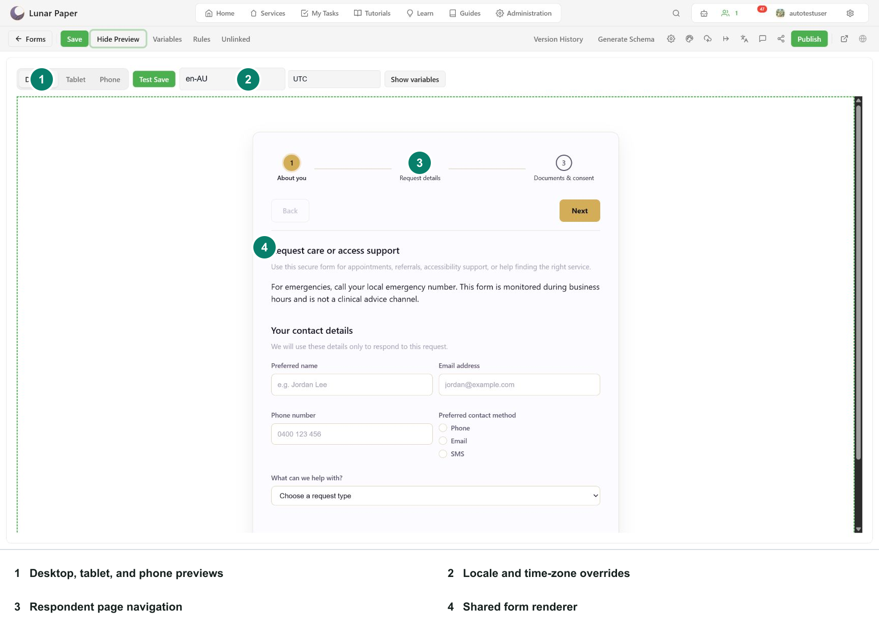 Annotated preview showing device, regional, navigation, and renderer controls