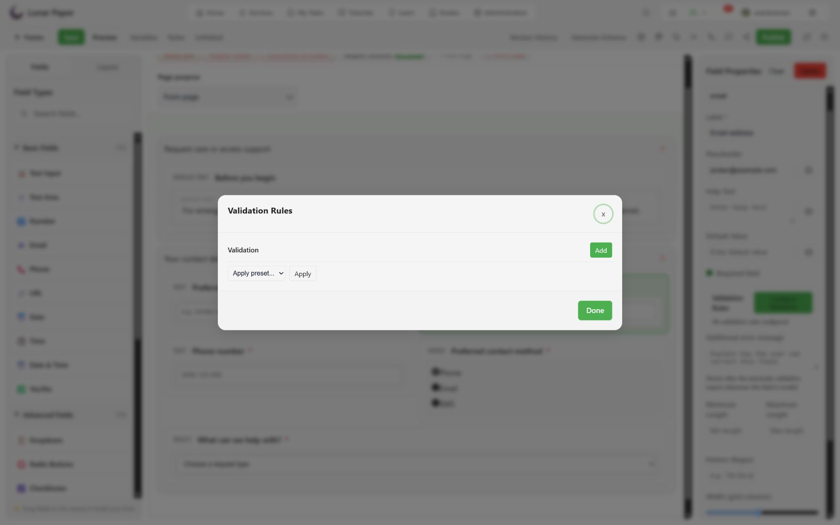 Validation rule dialog for a selected form field