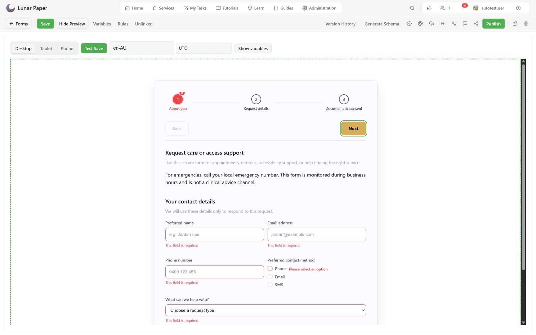 Preview showing required-field messages and a page error count