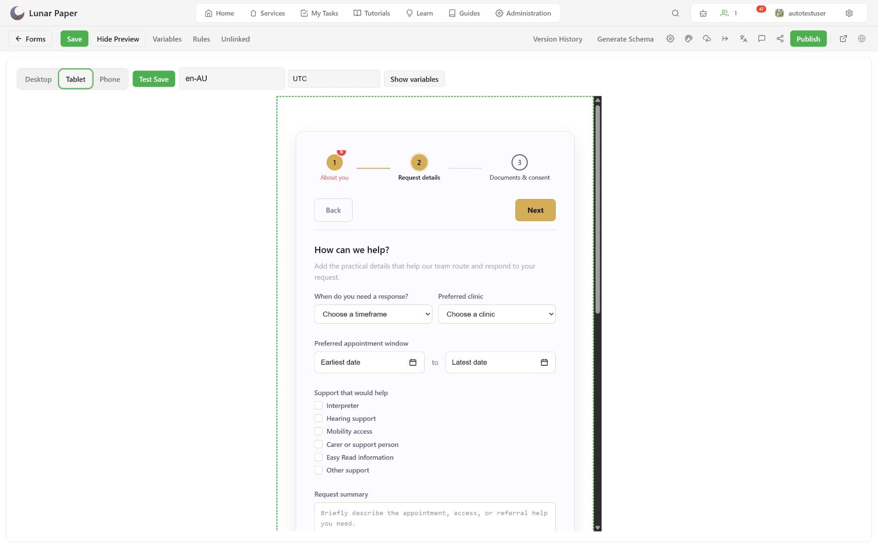 Tablet preview of the form