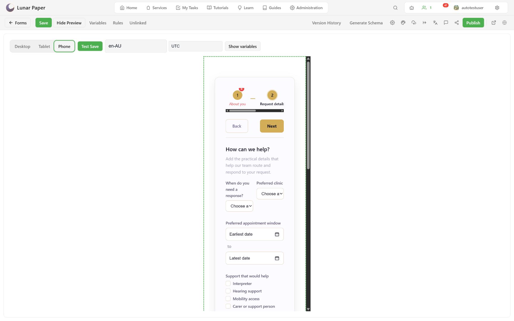 Phone preview of the form