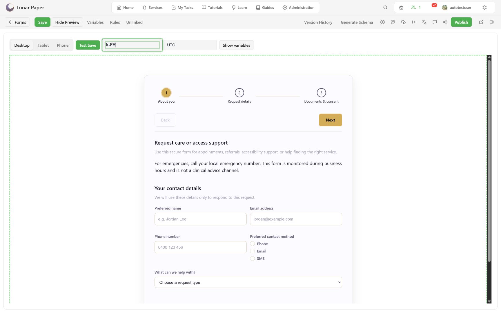 Regional preview with locale and time-zone controls above a date-range page