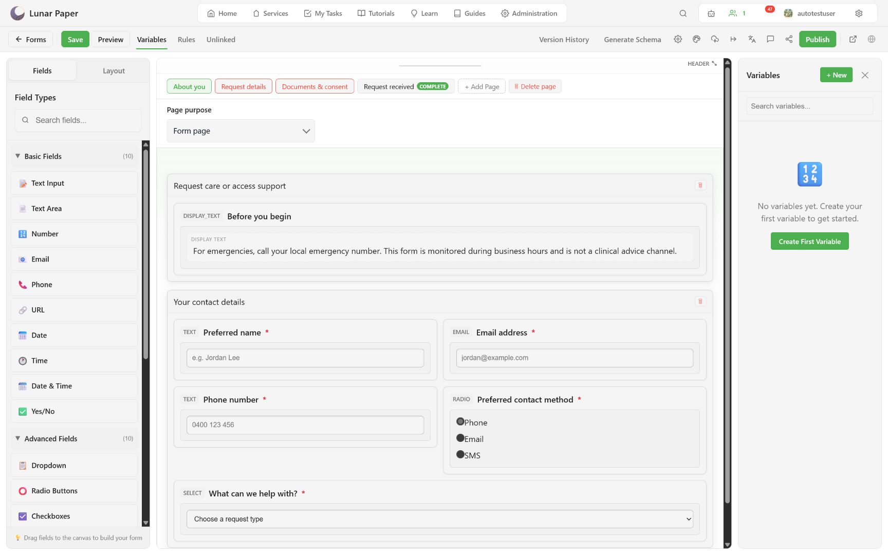 Variables panel with search and create actions