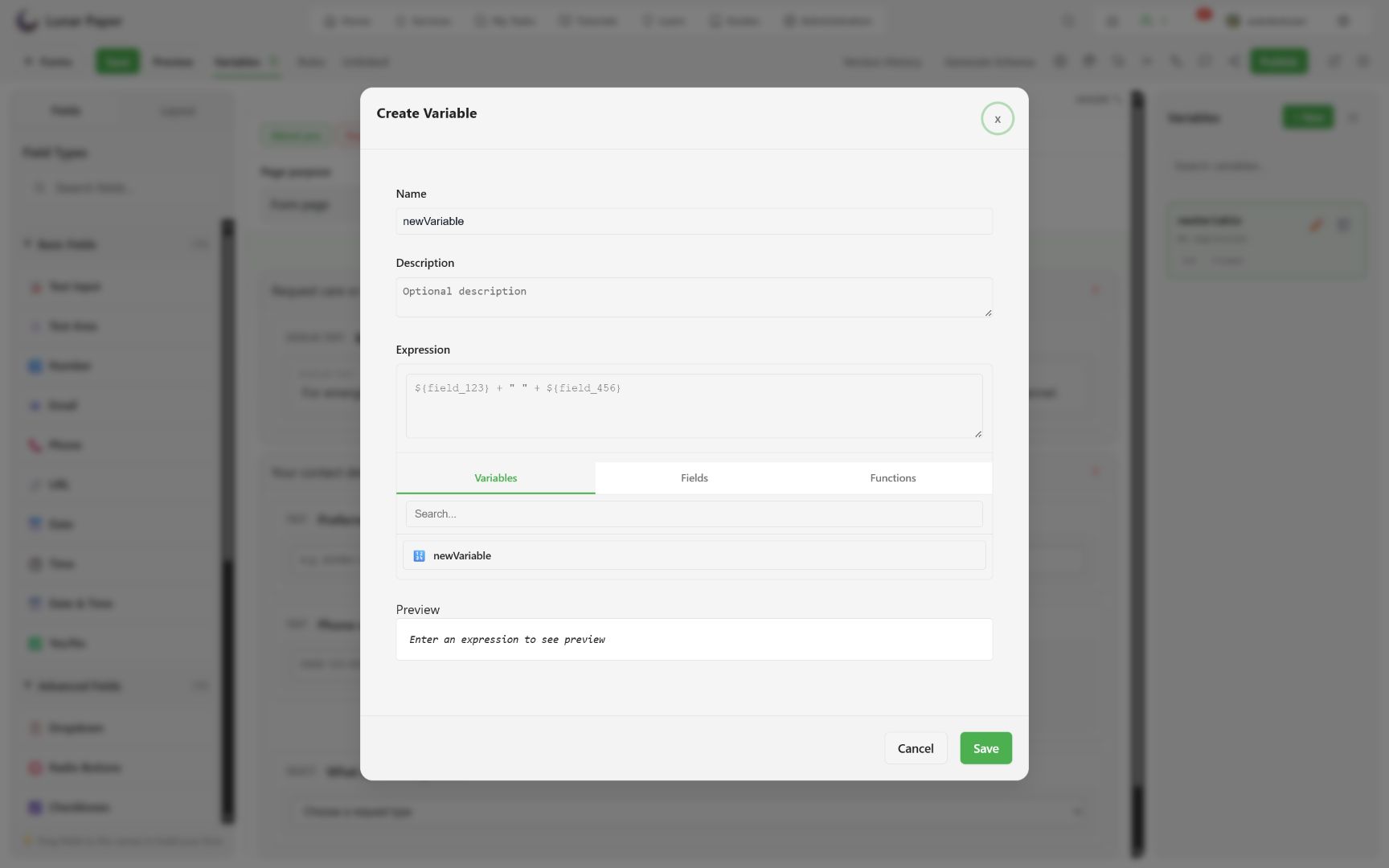 Variable expression editor with variables, fields, functions, and preview