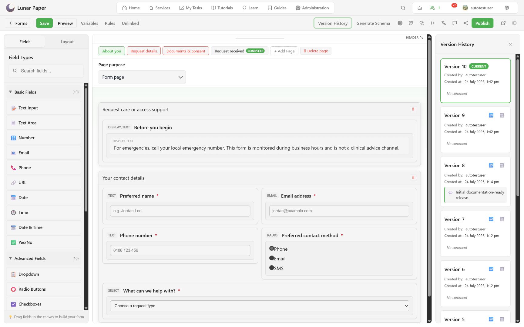 Version History panel with current and previous versions