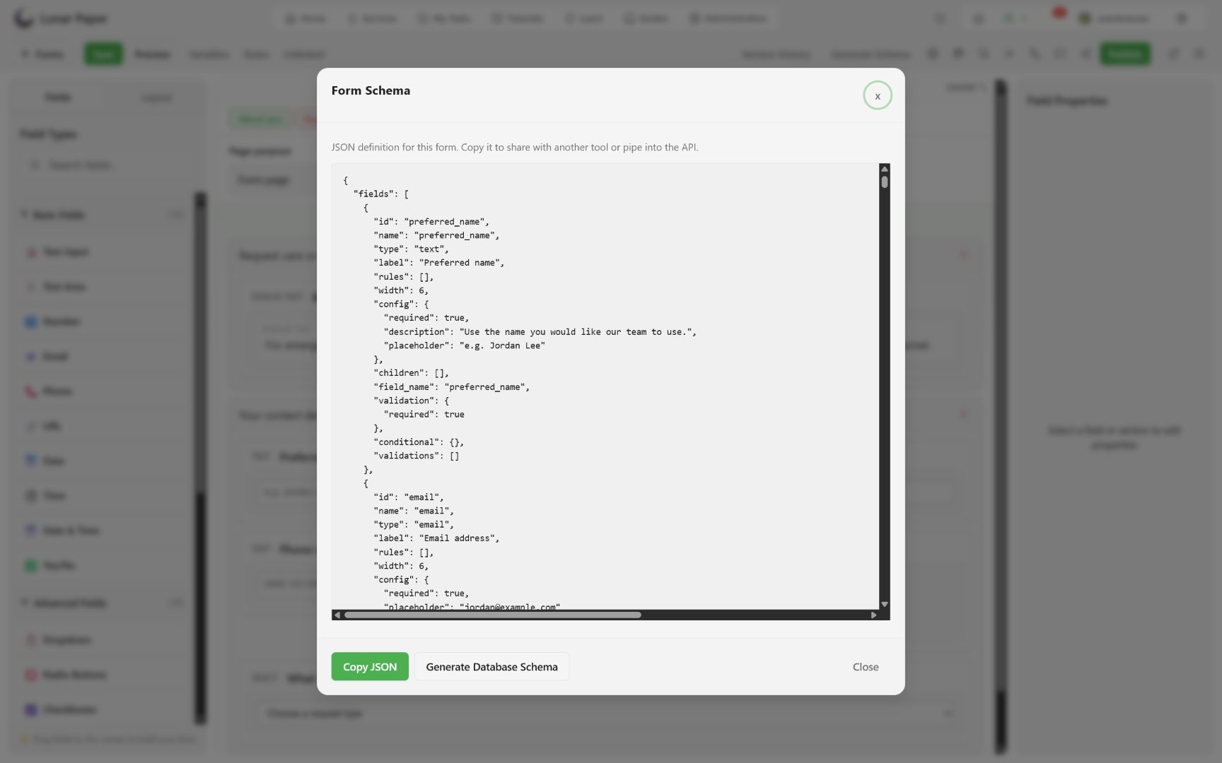 Schema generation dialog showing canonical form JSON