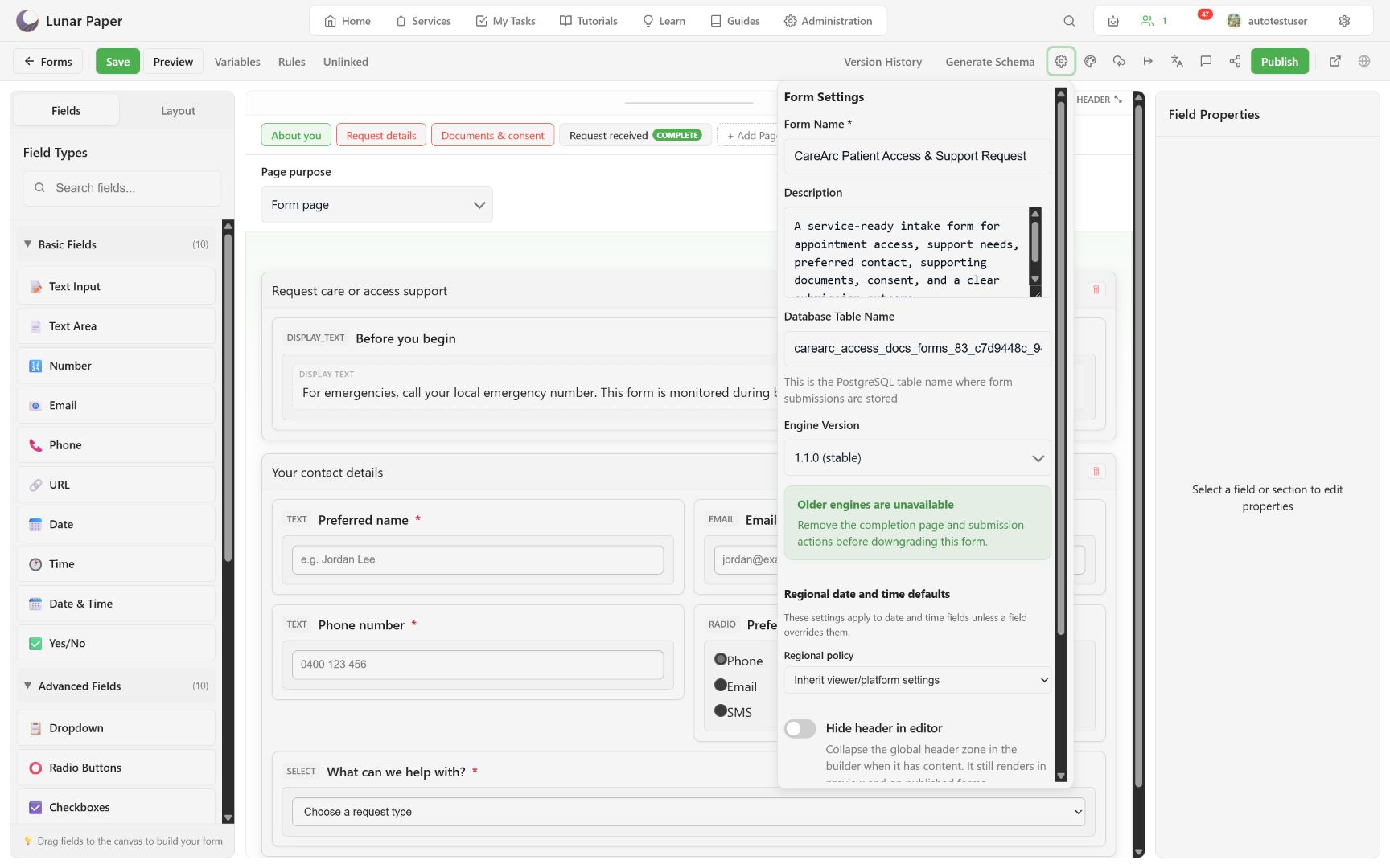 Form settings popover