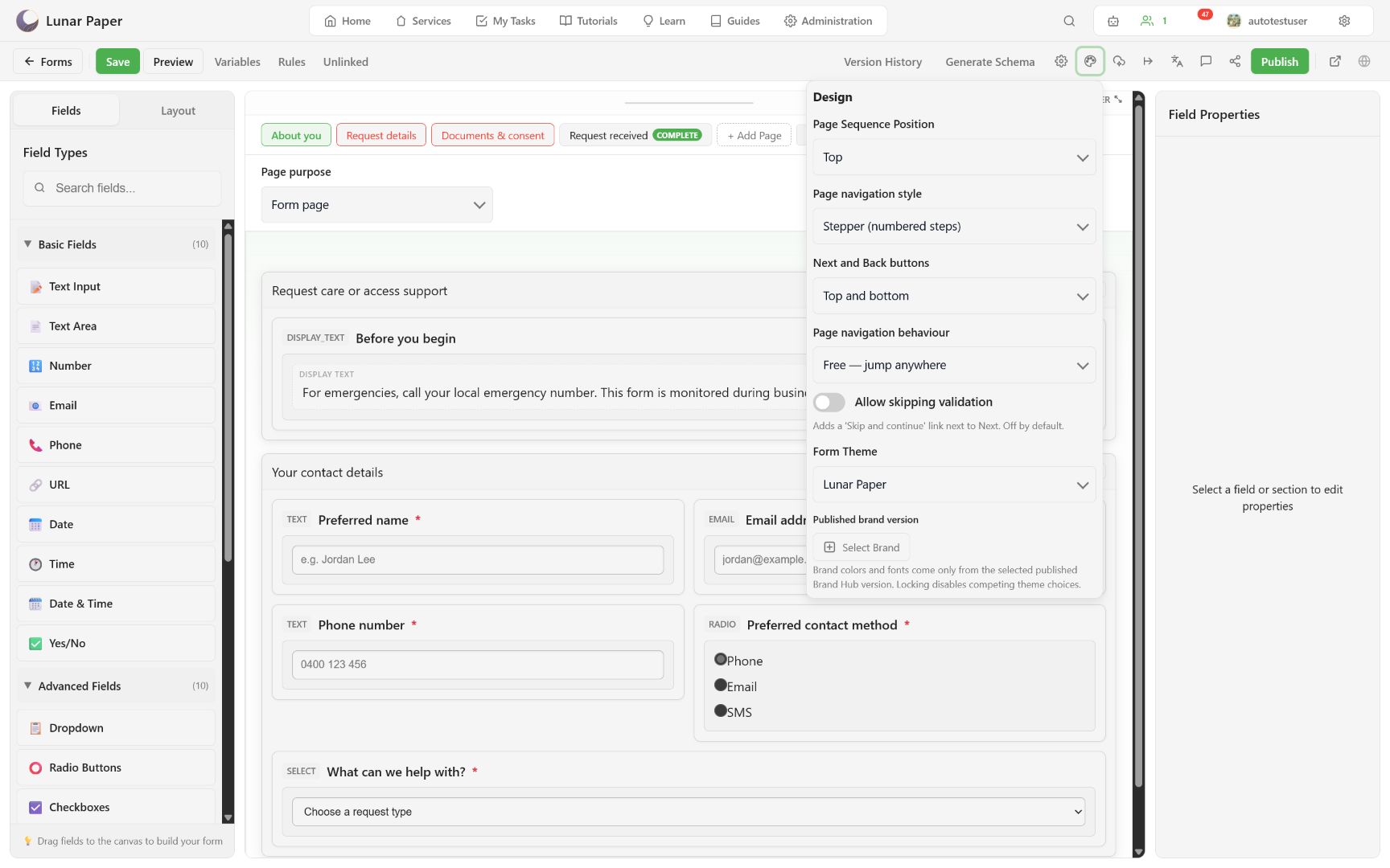 The Design popover open in the builder, showing page sequence position, navigation style, Back and Next placement, navigation behaviour, the validation-skip toggle, form theme, and published brand version