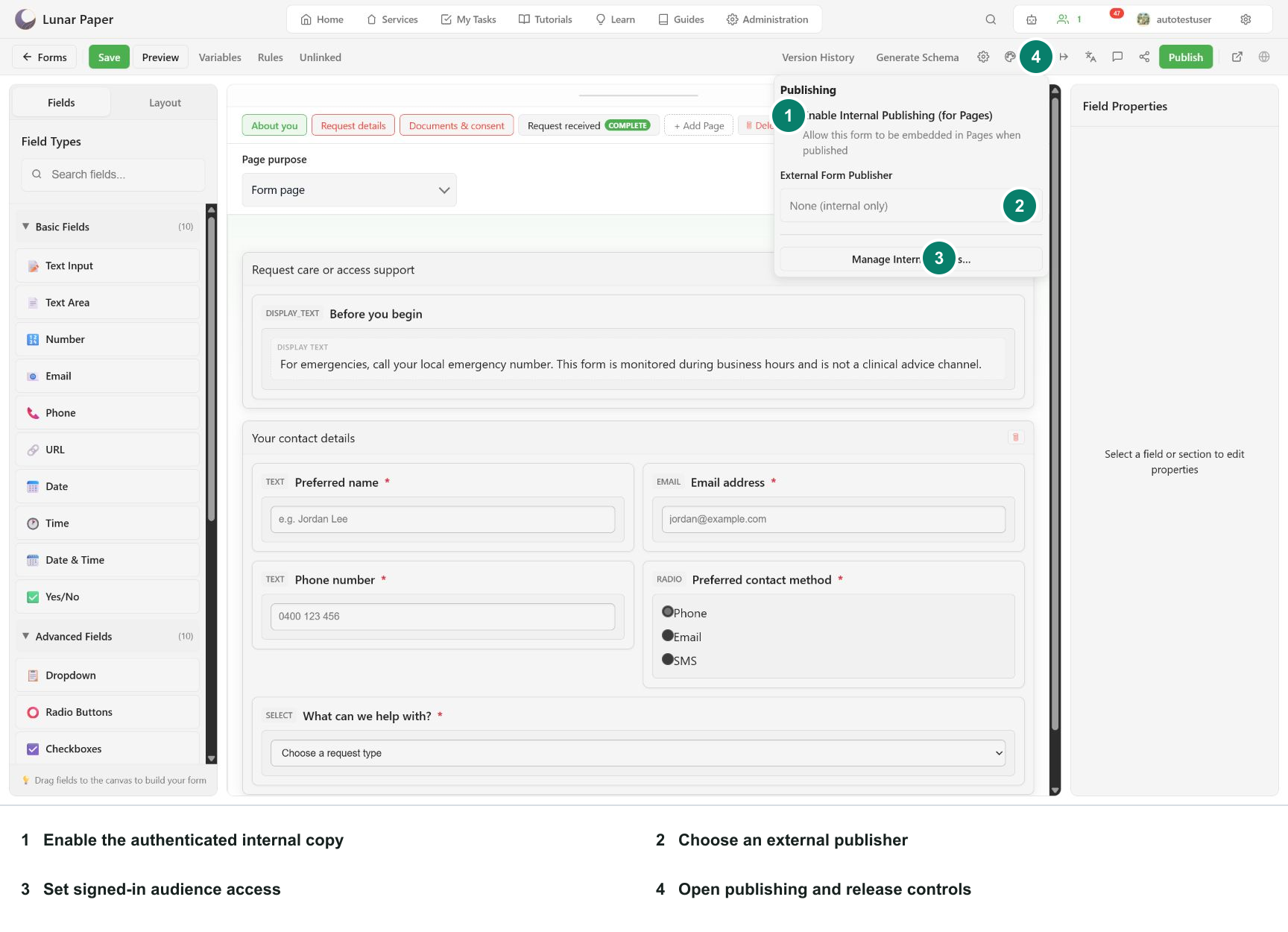 Annotated publishing settings with internal, external, access, and release controls