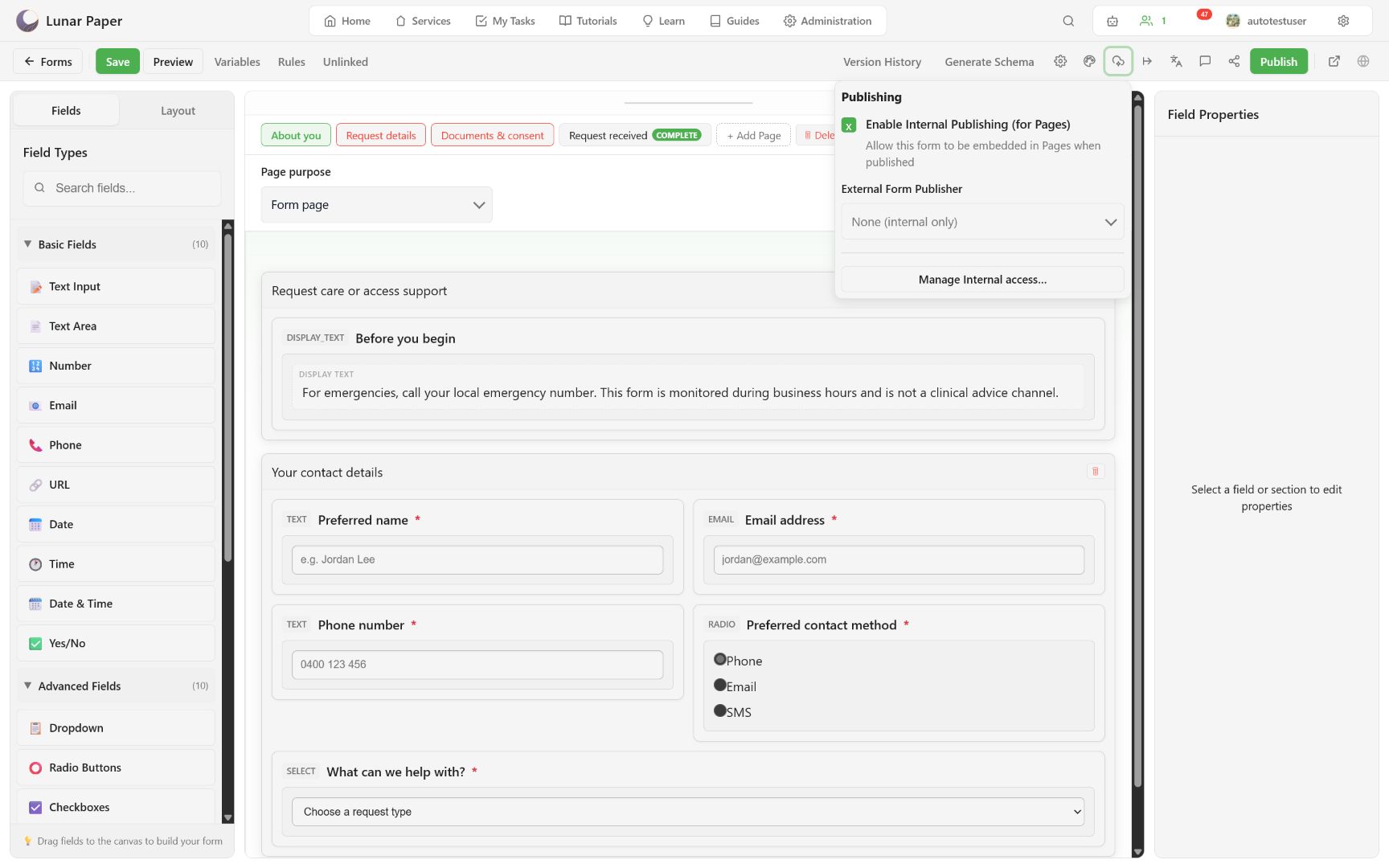 Publishing settings for internal and external delivery