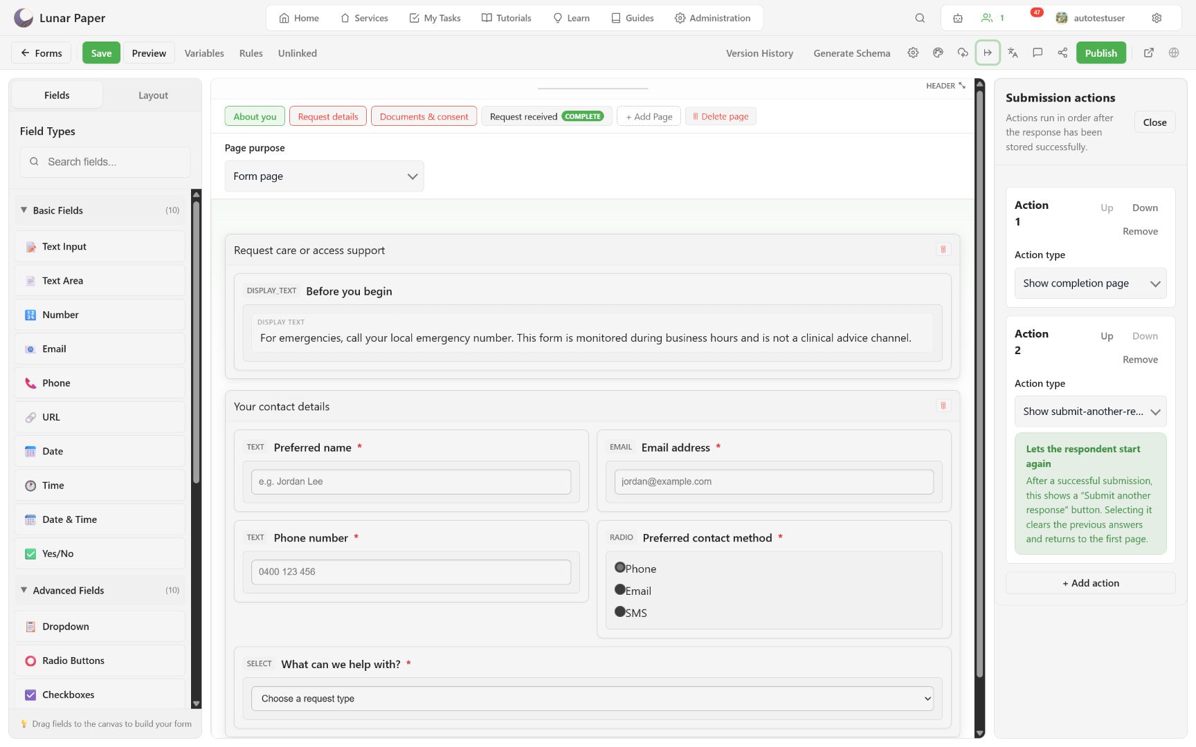 Ordered completion-page and submit-another-response actions