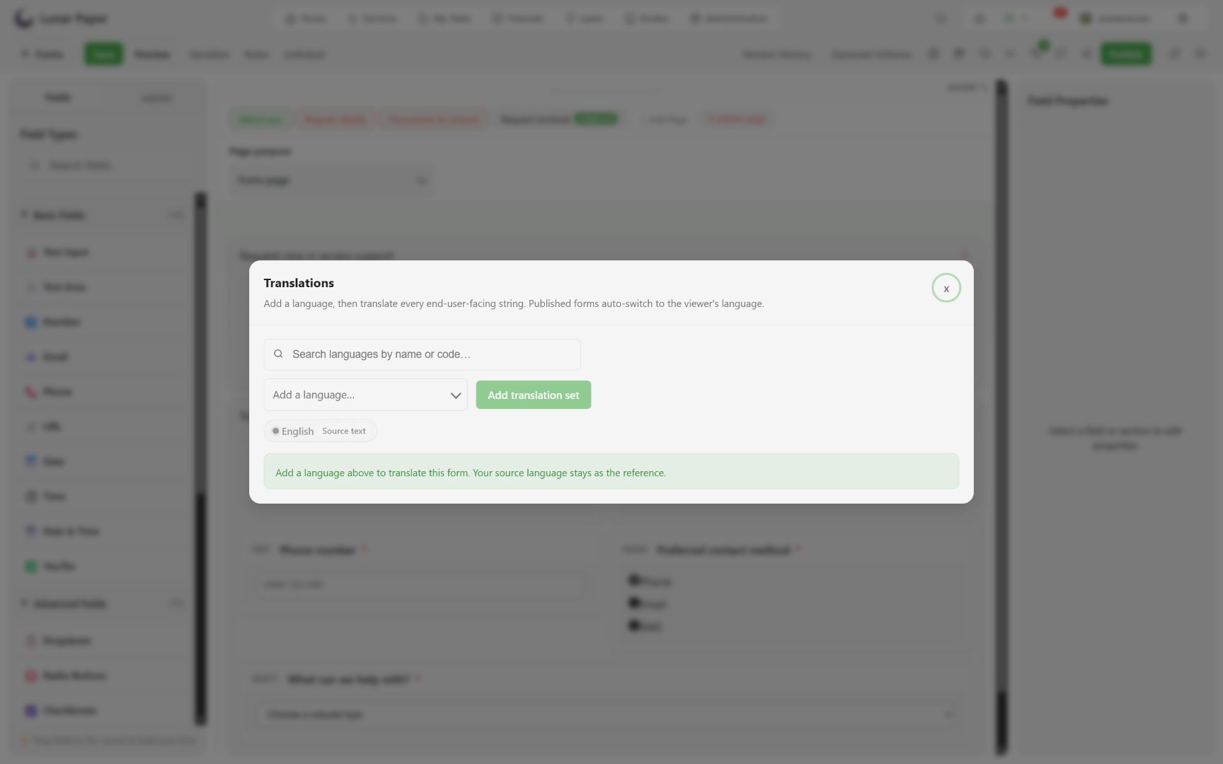 Translations dialog with English as source language