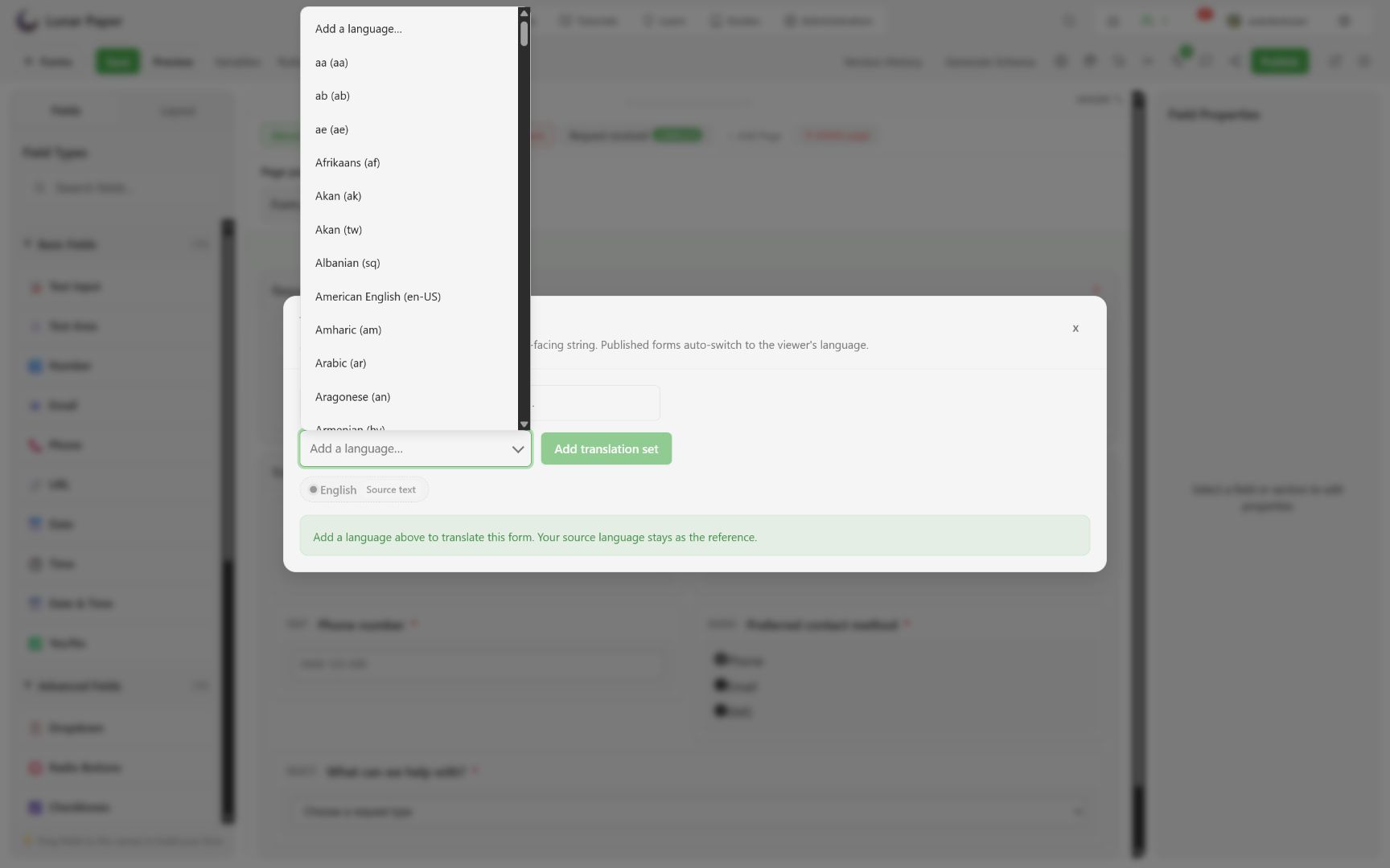 Language picker with locale-specific options