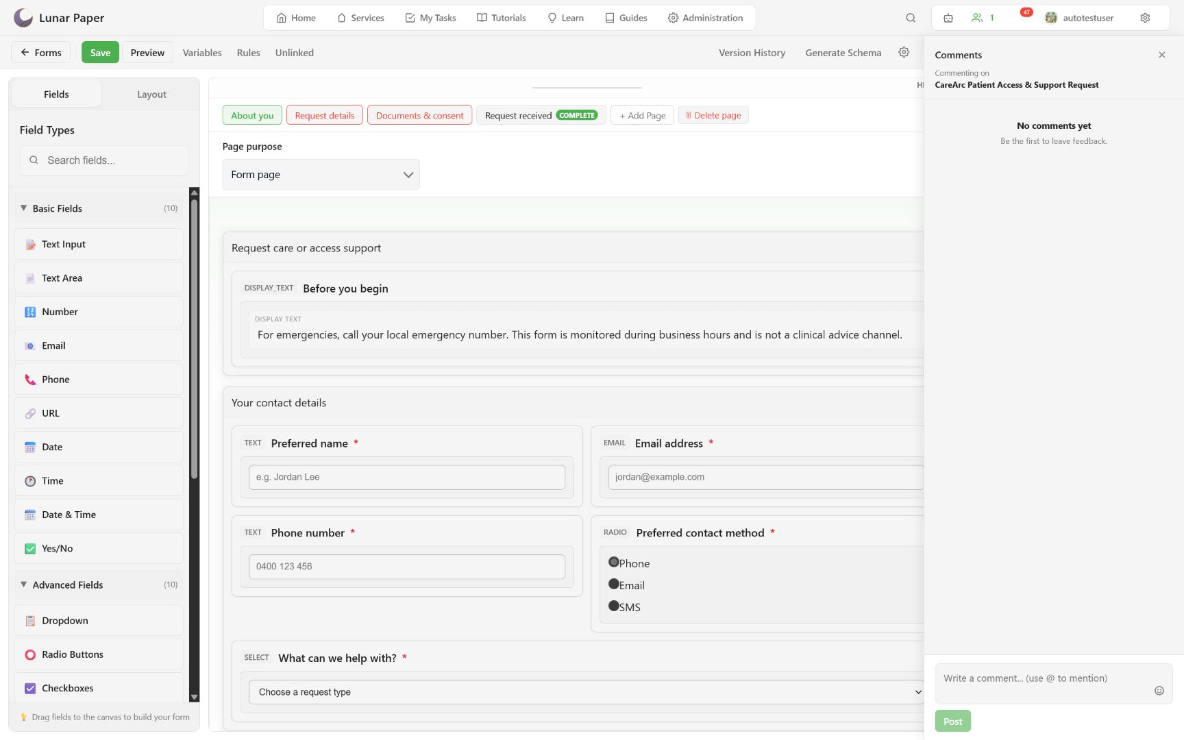 Comments panel for the CareArc form