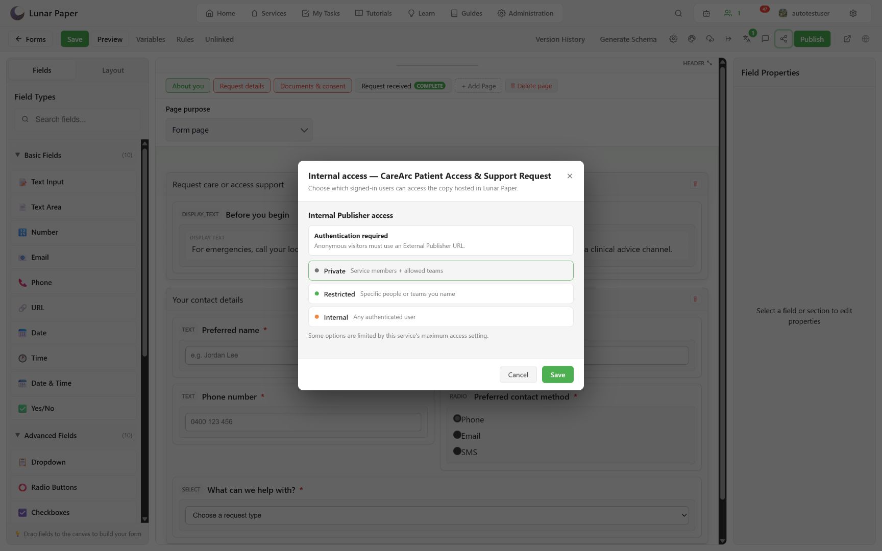 Internal access dialog with Private, Restricted, and Internal choices