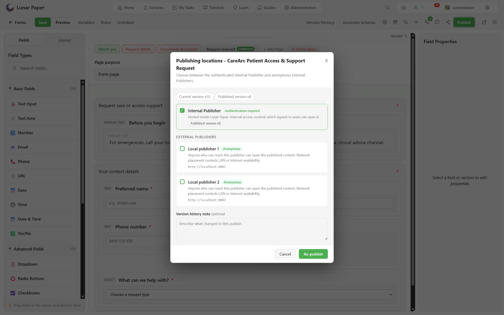 Publishing locations dialog with the internal publisher selected