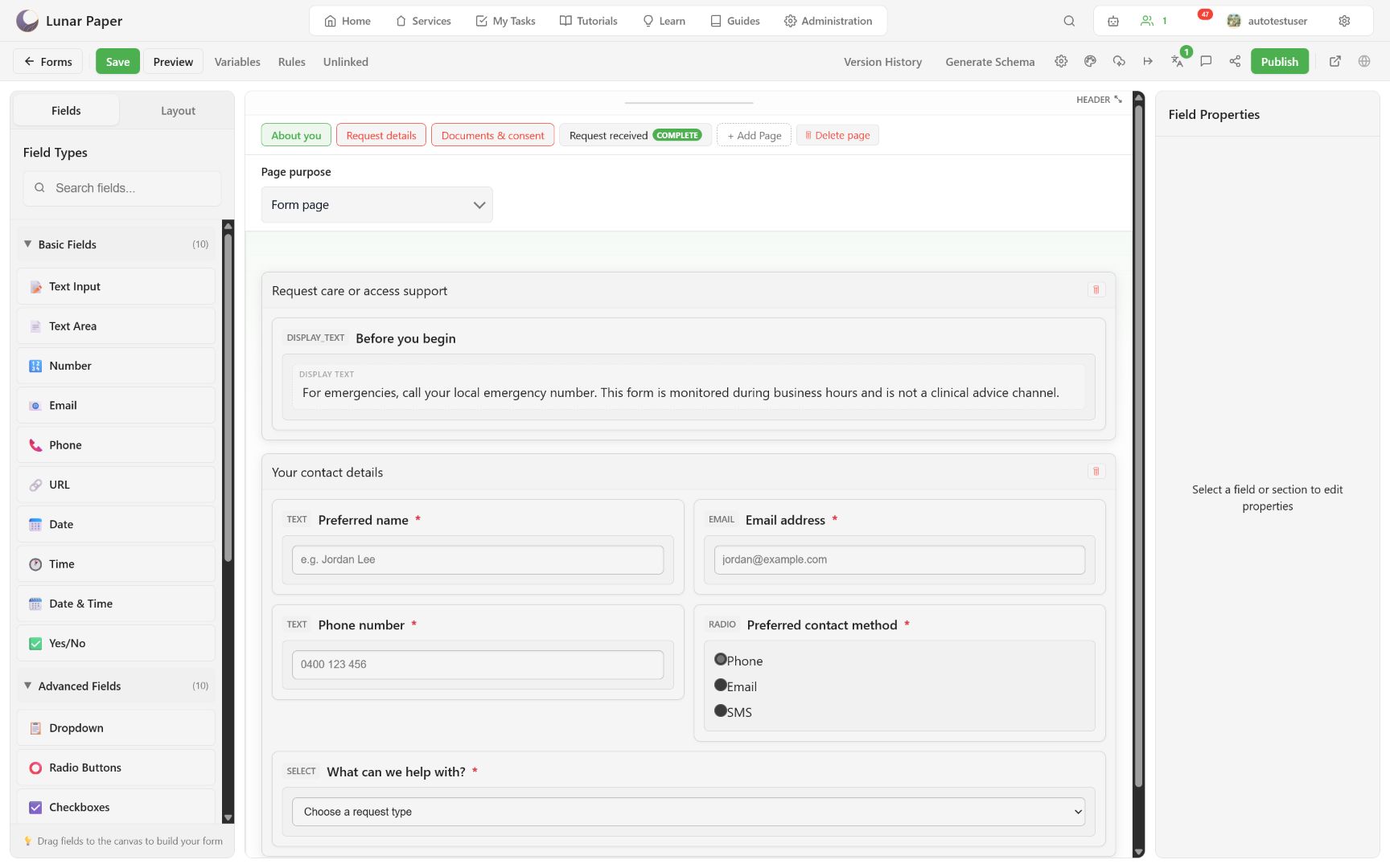 Builder toolbar after the form is published