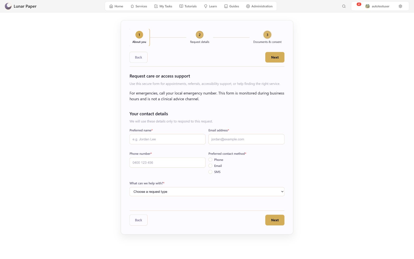 Published CareArc form with a three-step respondent flow