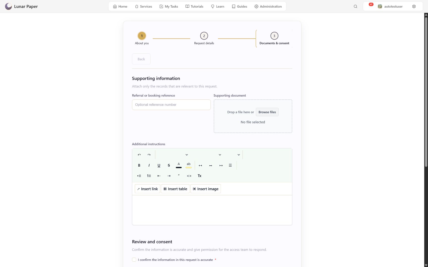 Published consent page with rich text, consent checkboxes, and typed signature