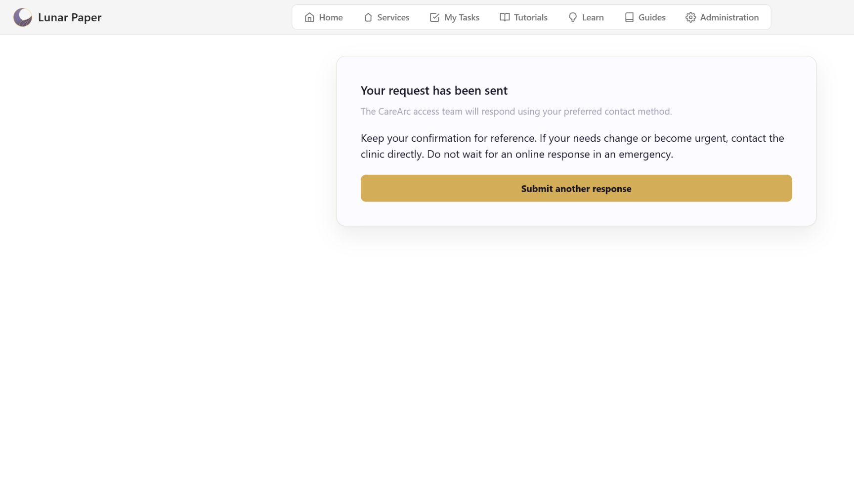 Successful completion page with a submit-another-response action