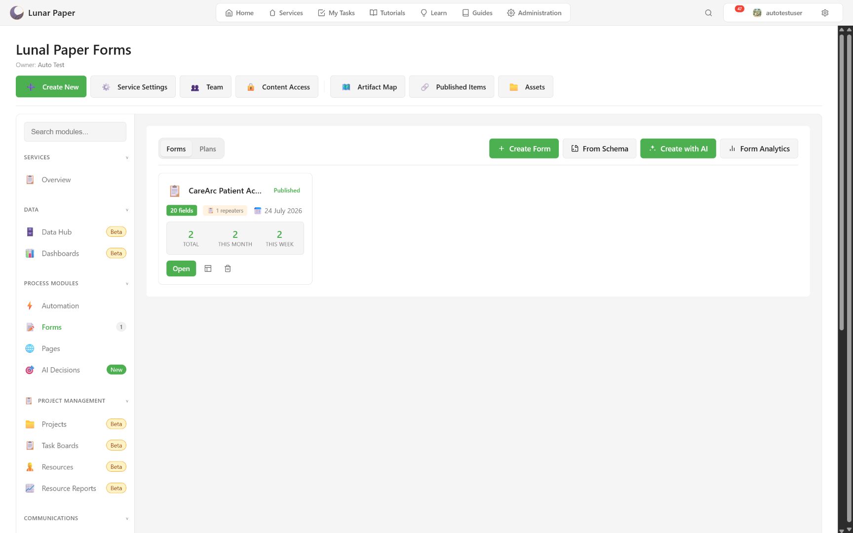 Published form card with field, repeater, and response counts
