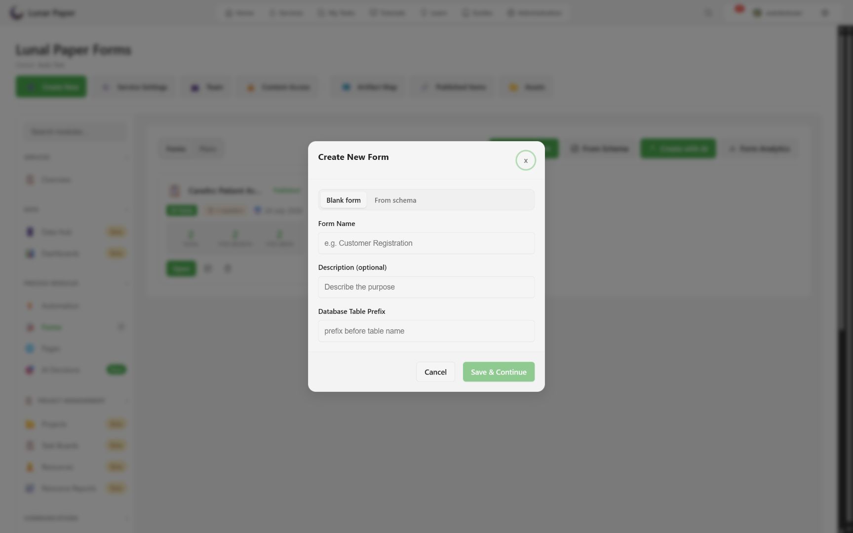 Create-from-schema dialog with form metadata fields