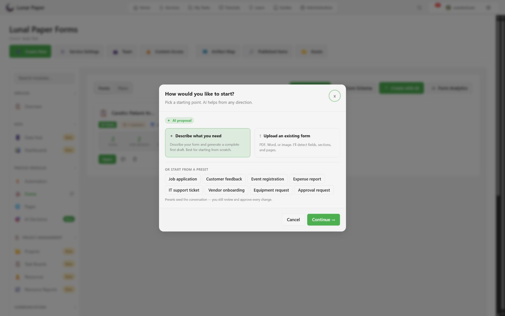AI form creation choices and presets