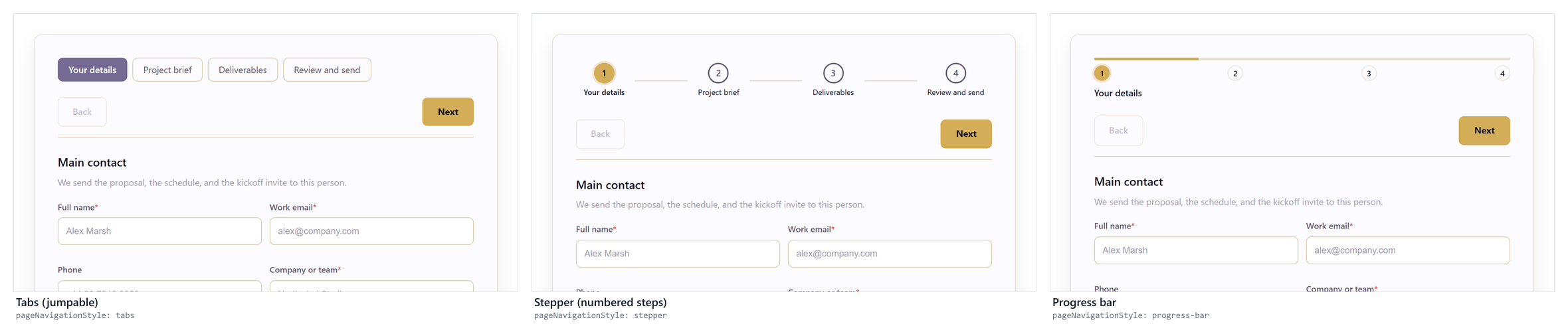 Tabs, stepper, and progress bar navigation styles