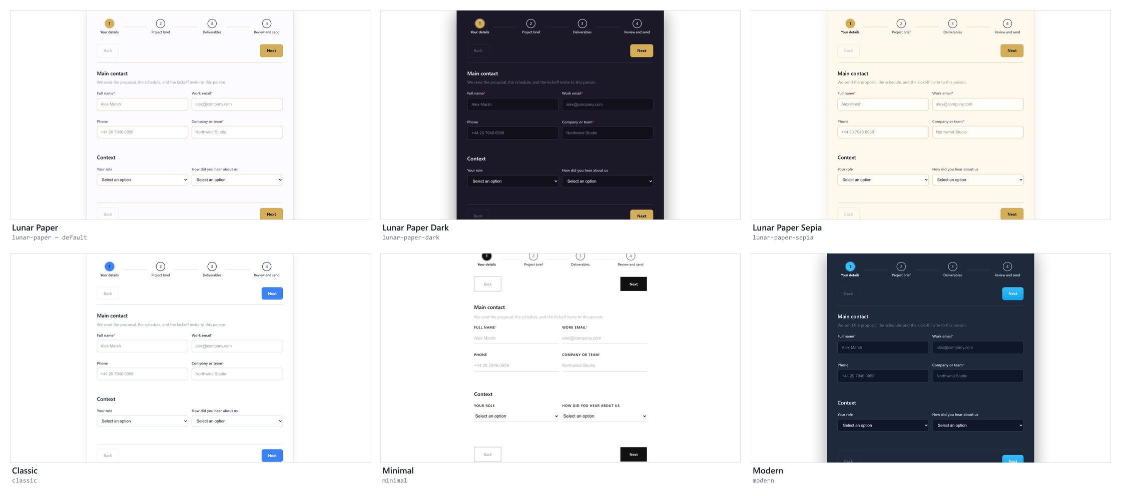 Lunar Paper, Lunar Paper Dark, Lunar Paper Sepia, Classic, Minimal, and Modern themes