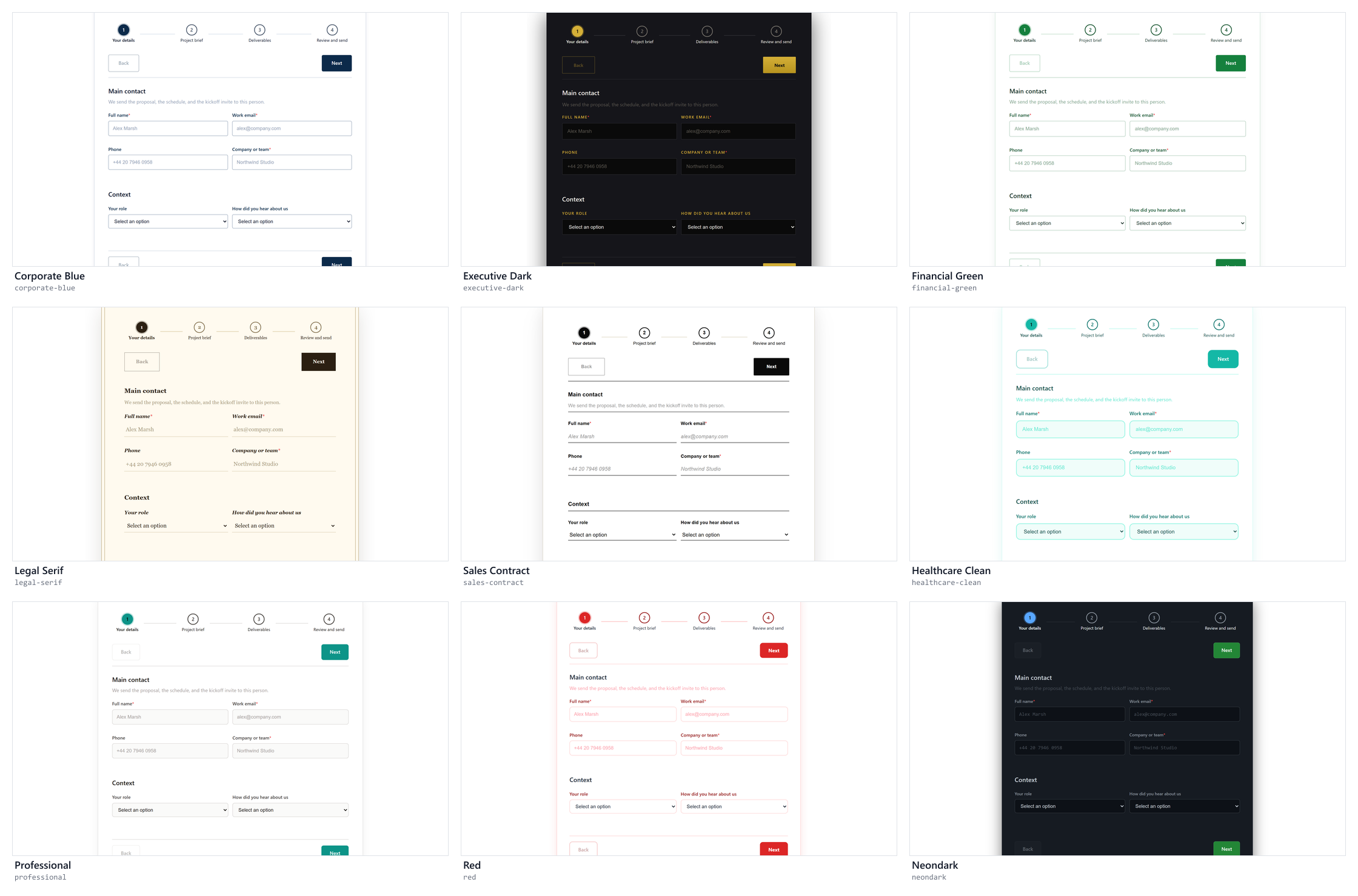 Corporate Blue, Executive Dark, Financial Green, Legal Serif, Sales Contract, Healthcare Clean, Professional, Red, and Neondark themes