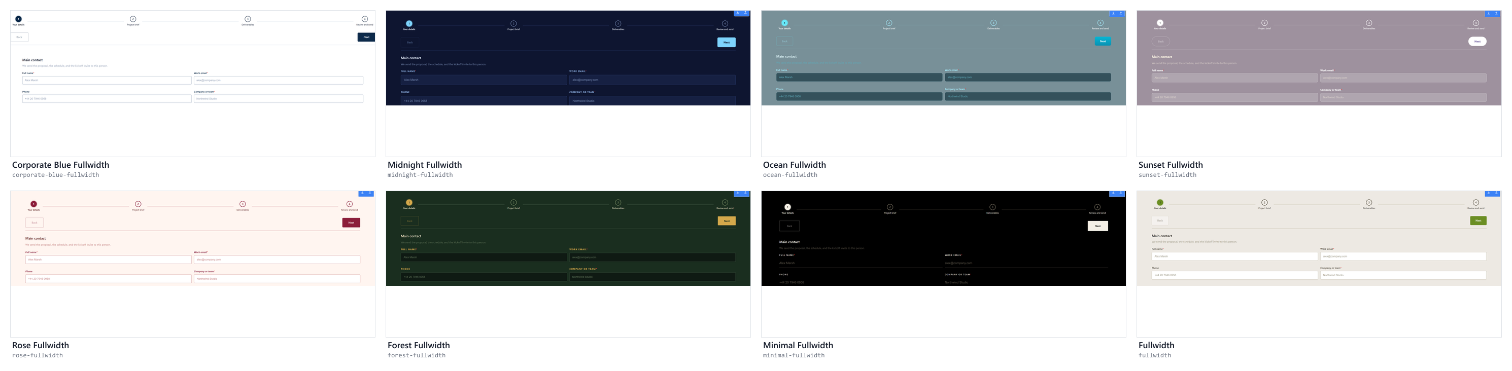 Corporate Blue, Midnight, Ocean, Sunset, Rose, Forest, Minimal, and neutral Fullwidth themes