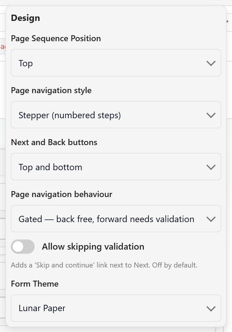 The Design popover
